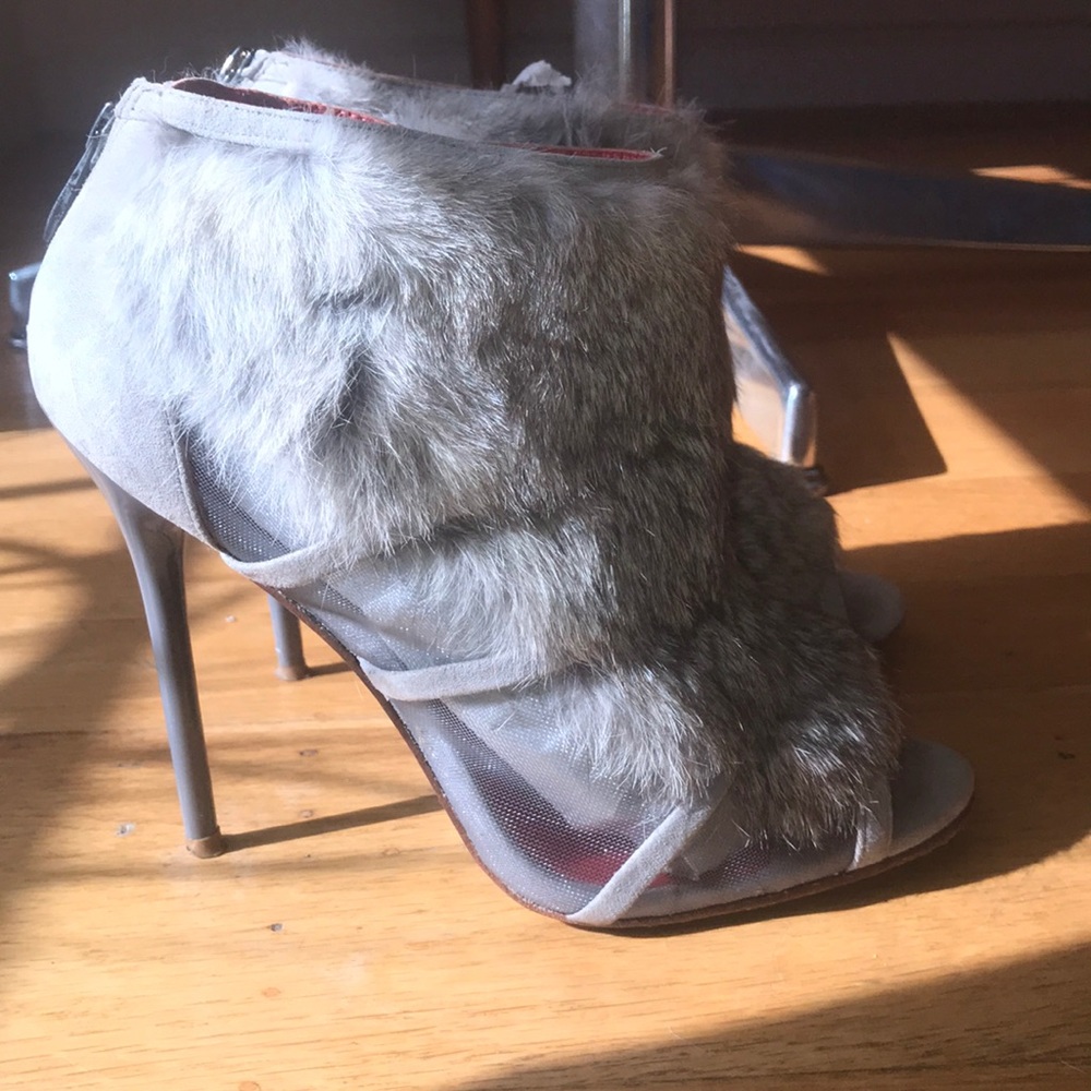 Used Charles Jourdan rabbit fur opentoe high heels